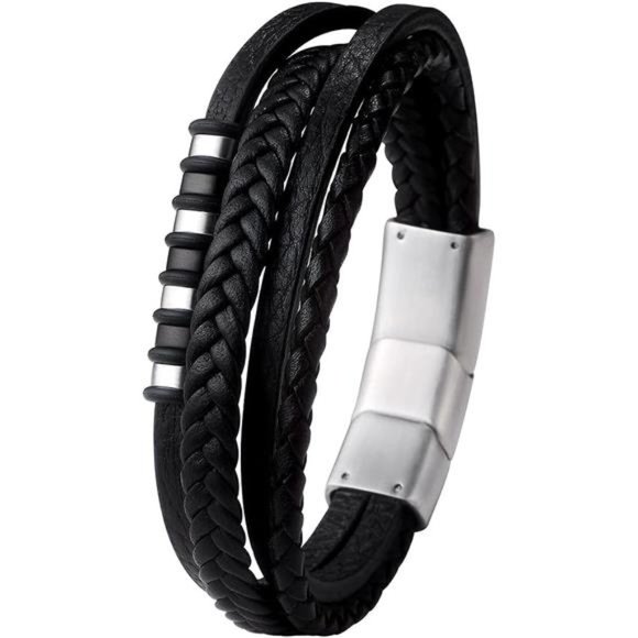 Mens Genuine Leather Bracelet with Stainless Steel Magnetic Clasp Multi-Layer - Picture 1 of 6